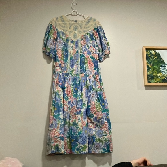 Vintage 1980s Puff Sleeve Lace Dress Size Medium Cottagecore Grandma Core Floral - Picture 2 of 10